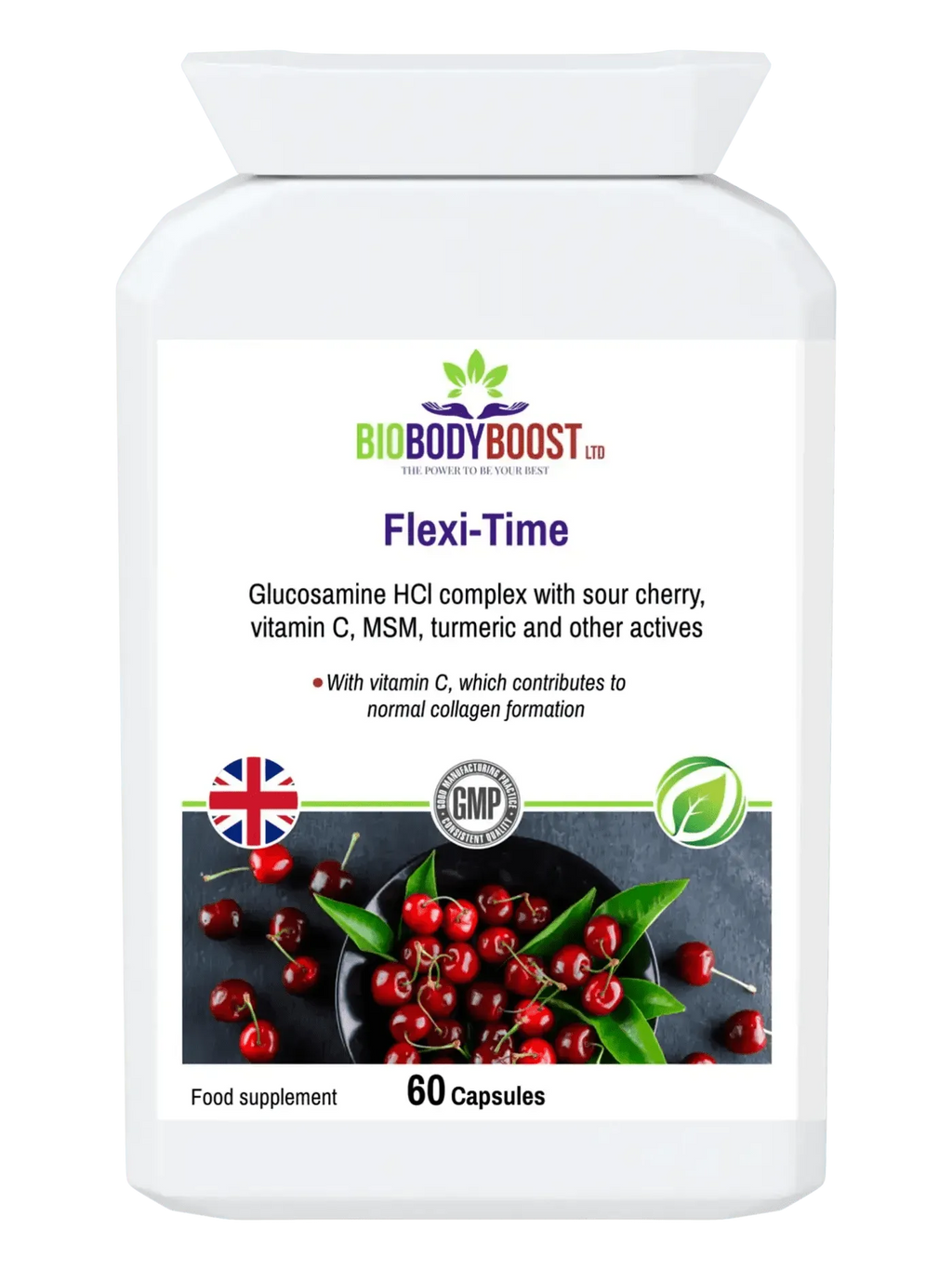 BioBodyBoost Flexi-Time Glucosamine HCL Supplement with Sour Cherry and Vitamin C for Joint Health