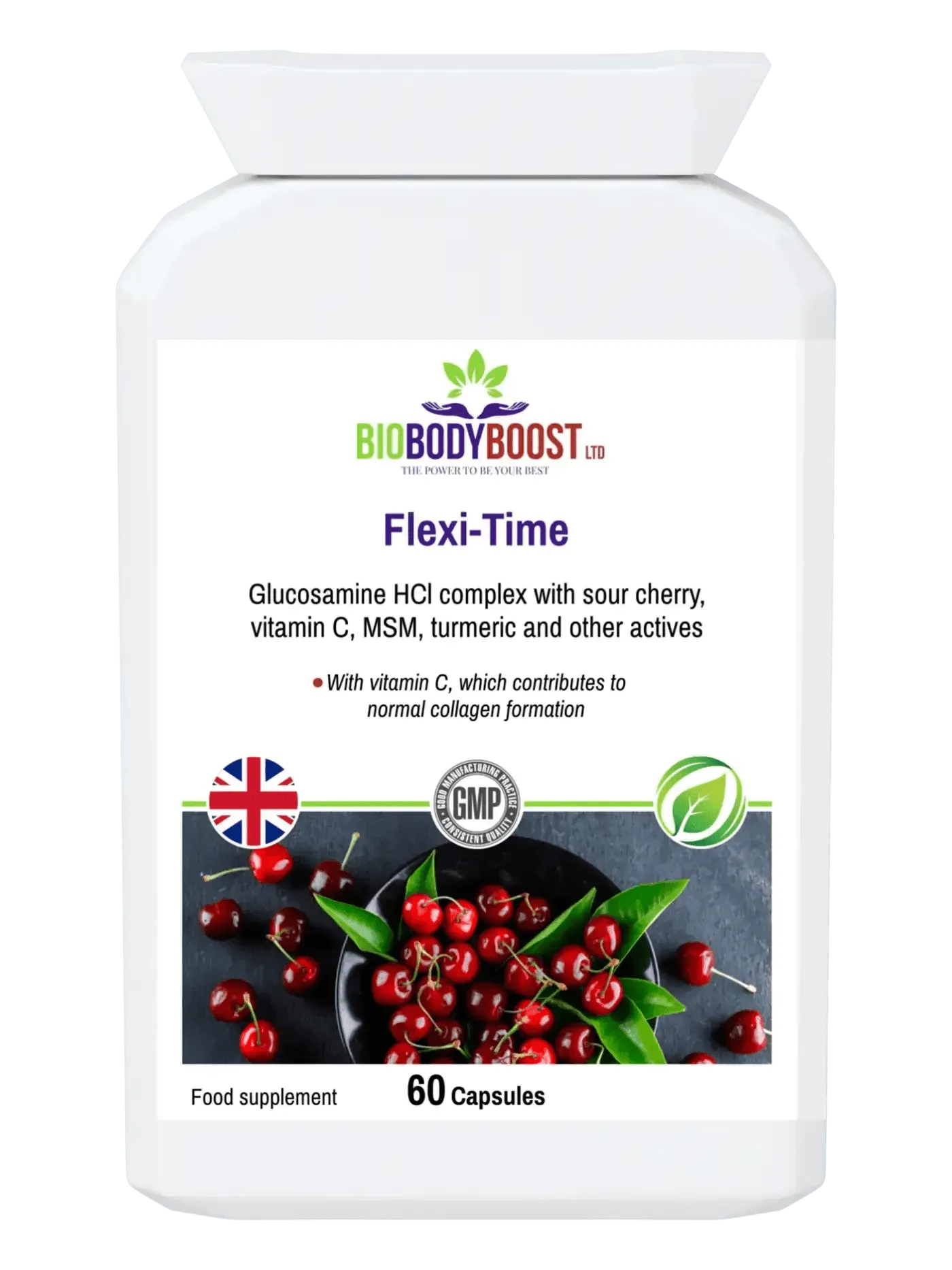 BioBodyBoost Flexi-Time Glucosamine HCL Supplement with Sour Cherry and Vitamin C for Joint Health