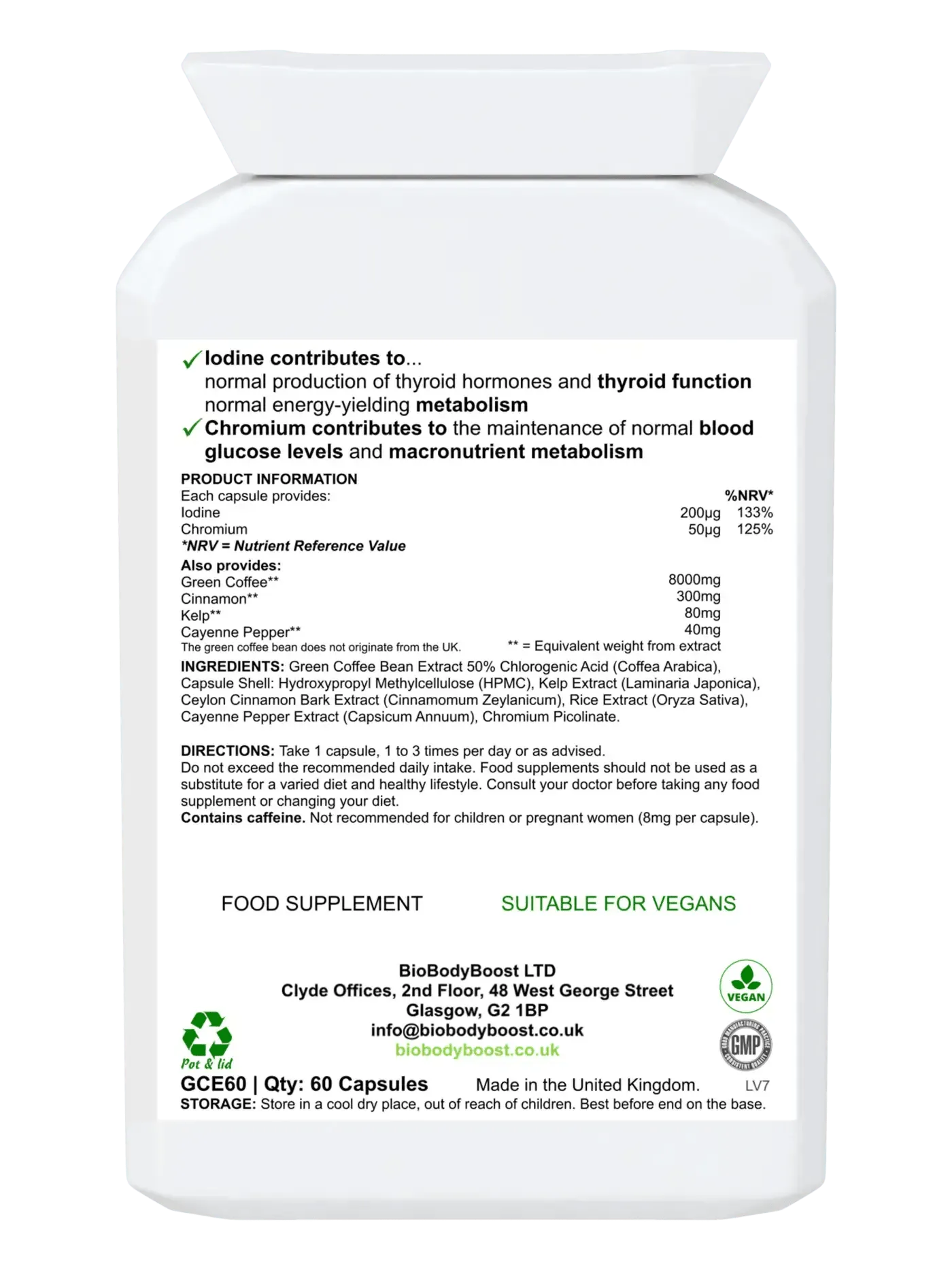BioBodyBoost Green Coffee 8000 Digestive Supplements in a white bottle with 60 capsules
