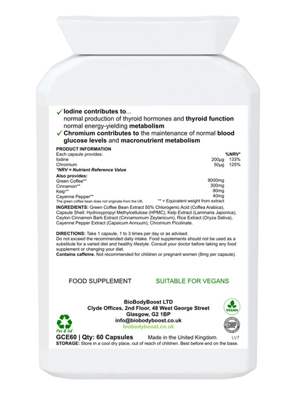 BioBodyBoost Green Coffee 8000 Digestive Supplements in a white bottle with 60 capsules