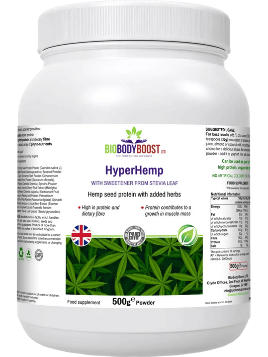 BioBodyBoost Hemp Protein Powder with added herbs for muscle growth and dietary fiber in a white container