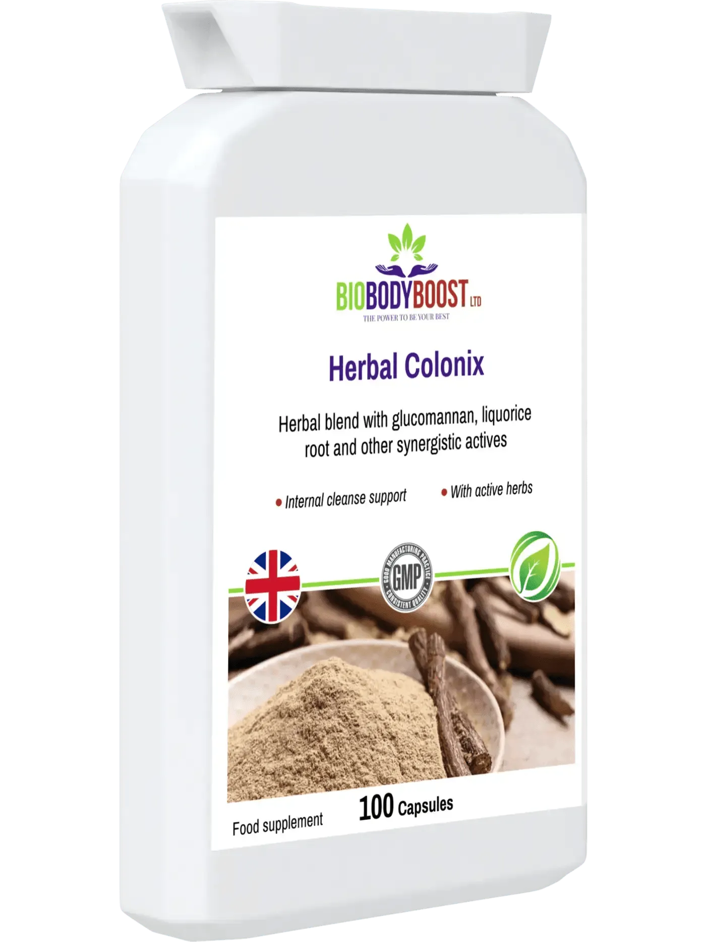 BioBodyBoost Herbal Colon Cleanser food supplement with 100 capsules featuring active herbal ingredients