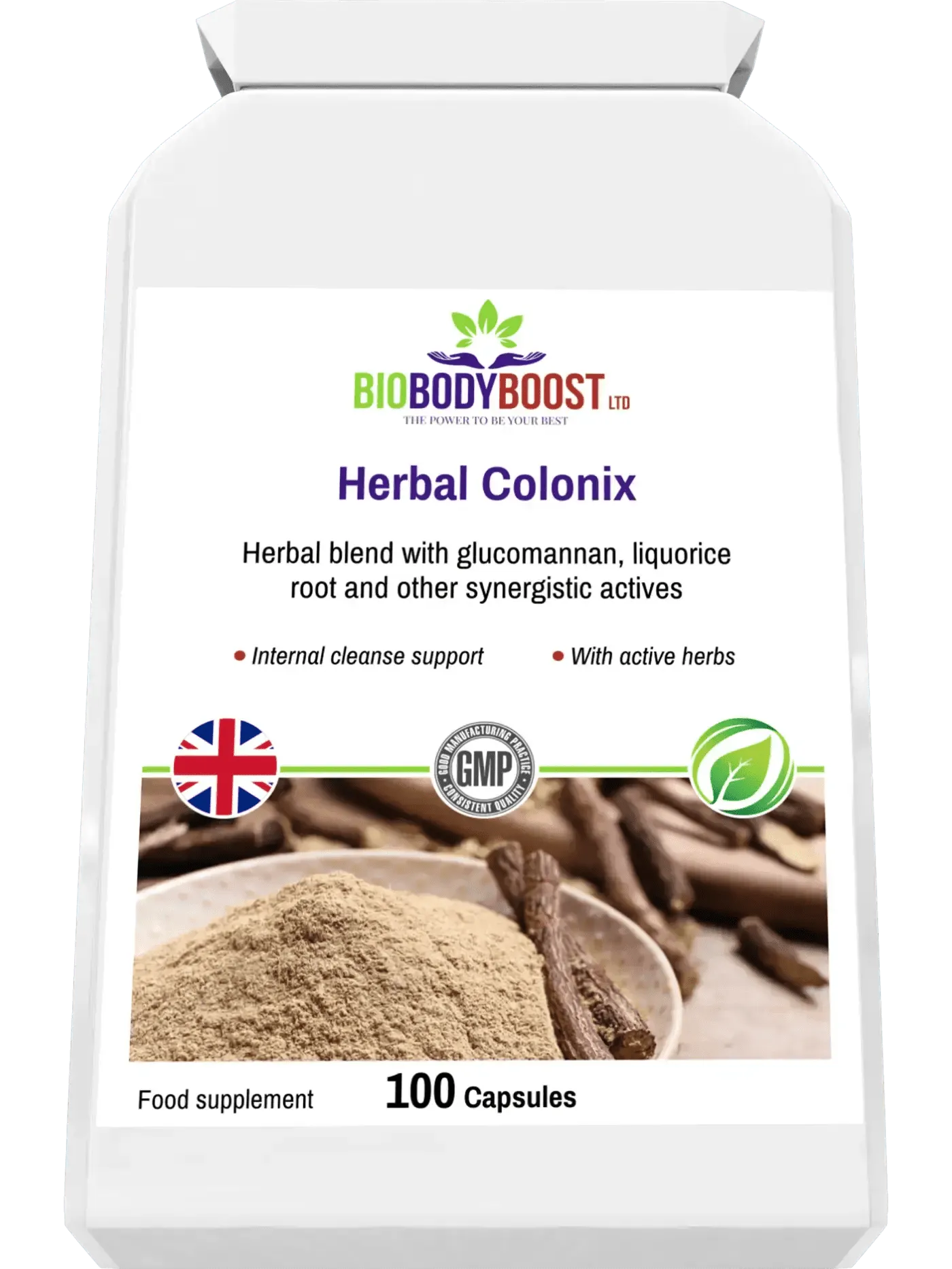 BioBodyBoost Herbal Colon Cleanser with glucomannan and licorice root in 100 capsule pack