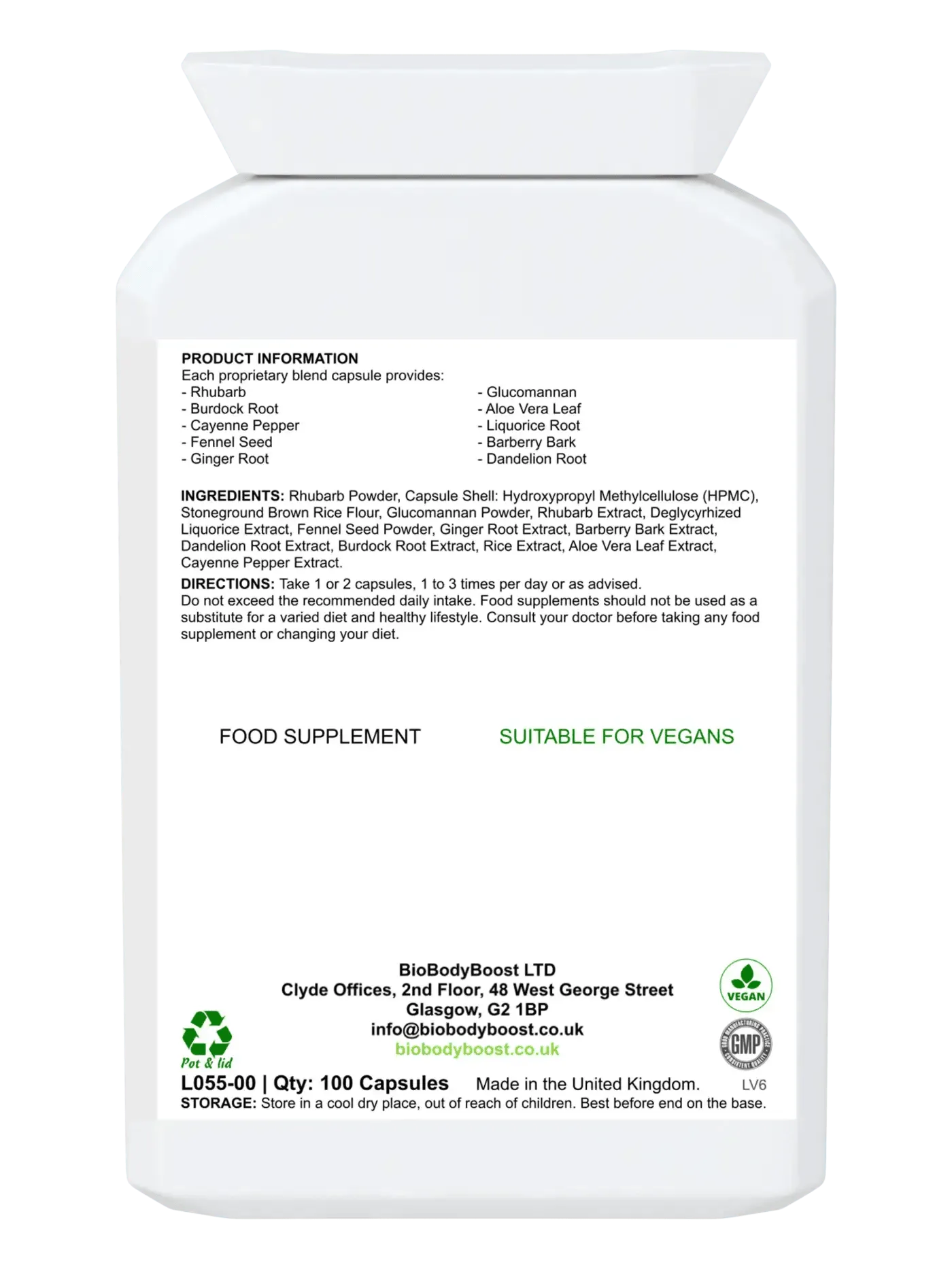 BioBodyBoost Herbal Colon Cleanser Bottle with 100 Vegan Capsules for Digestive Health