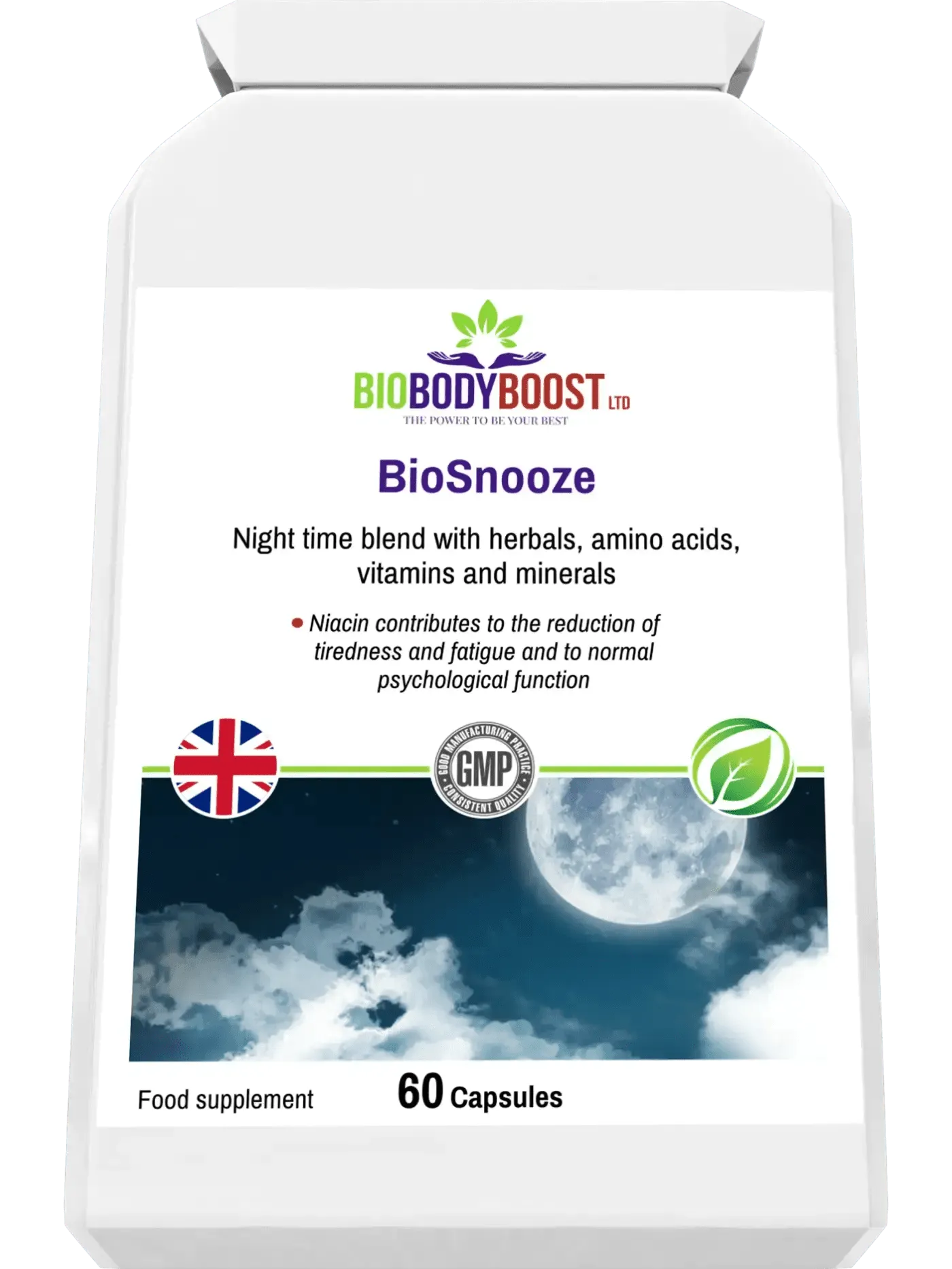 BioBodyBoost BioSnooze Herbal Sleep Aid with 60 capsules for restful sleep and relaxation