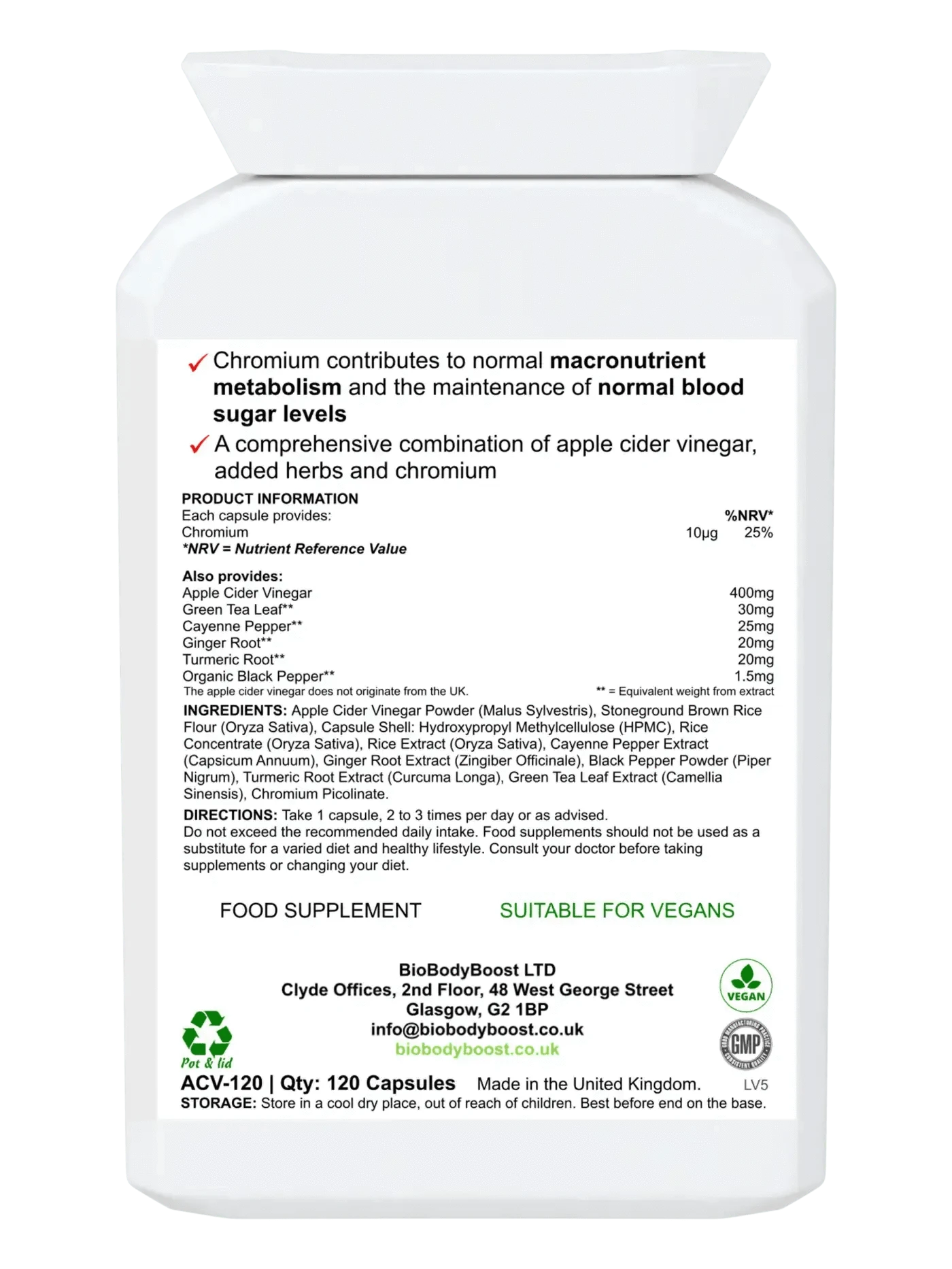BioBodyBoost Herbal Supplement An Apple a Day - Apple Cider Vinegar Plus Herbs 120 Capsules