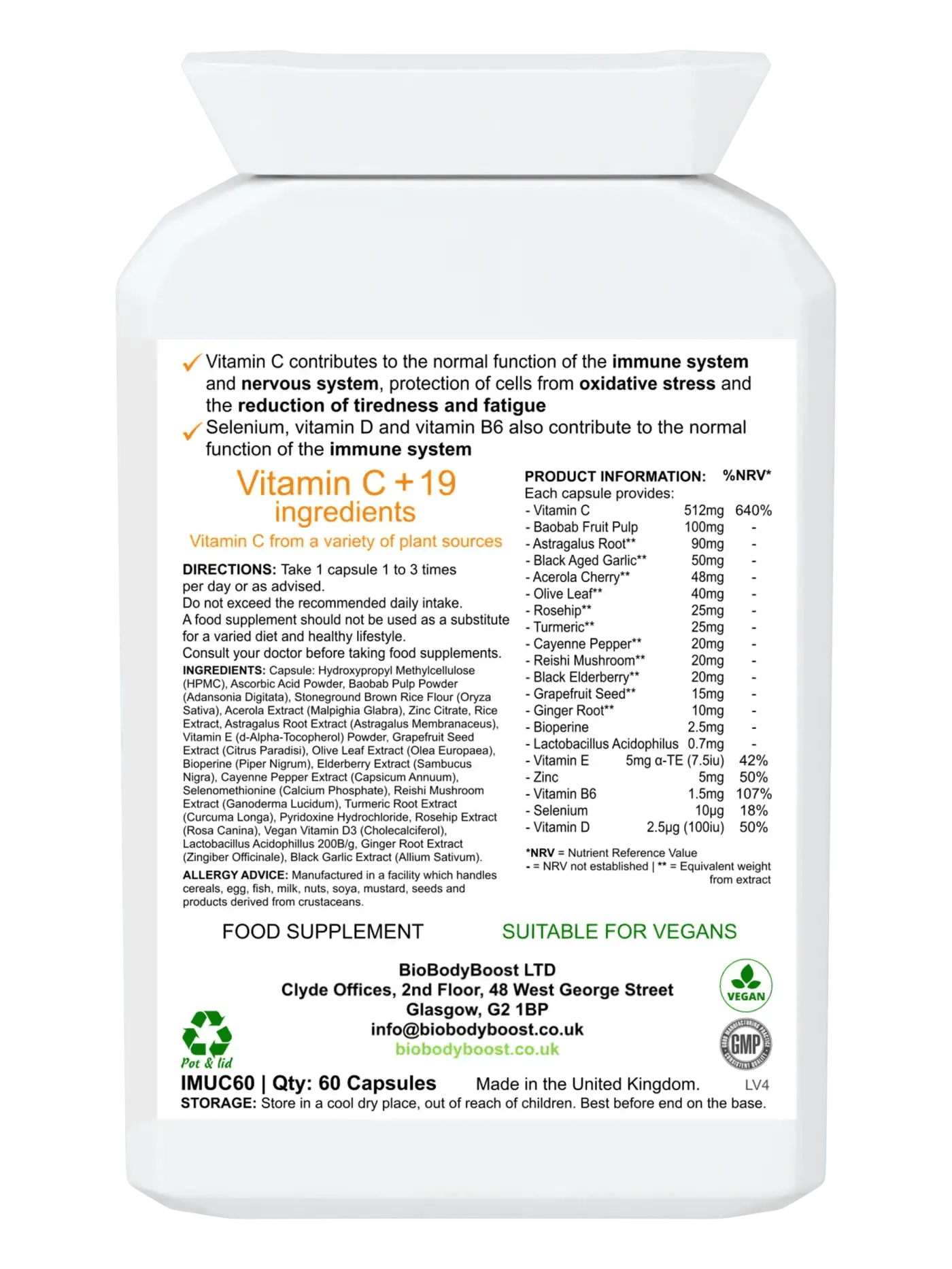 BioBodyBoost Herbal Vitamin C Complex in 60 capsules for immune support and fatigue reduction