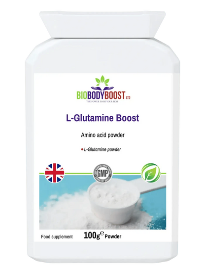BioBodyBoost L-Glutamine Boost Amino Acid Powder in 100g packaging for muscle recovery
