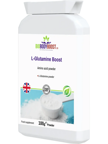 BioBodyBoost L-Glutamine Boost Amino Acid Powder in 100g package for muscle recovery