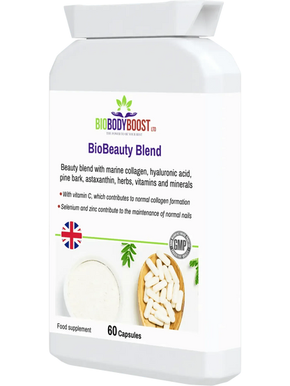 BioBodyBoost BioBeauty Blend with marine collagen complex, hyaluronic acid, and vitamins for healthy skin and nails