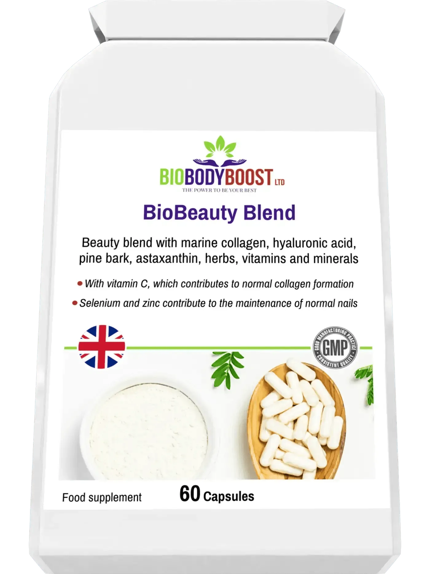 BioBodyBoost BioBeauty Blend with marine collagen complex, hyaluronic acid, and essential vitamins in 60 capsules