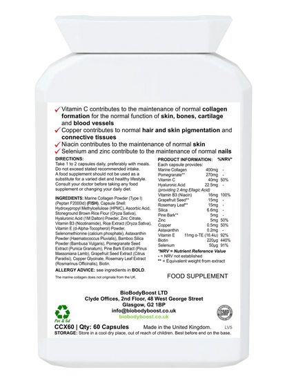 BioBodyBoost marine collagen complex capsules for skin, bones, and joint health with essential nutrients
