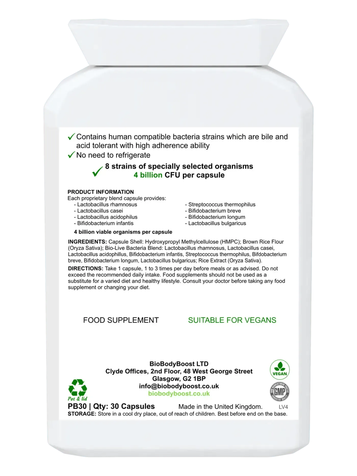 BioBodyBoost Multi-Strain Probiotic Supplement with 8 strains and 4 billion CFU in 30 vegan capsules