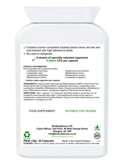 BioBodyBoost Multi-Strain Probiotic Supplement with 8 strains and 4 billion CFU in 30 vegan capsules