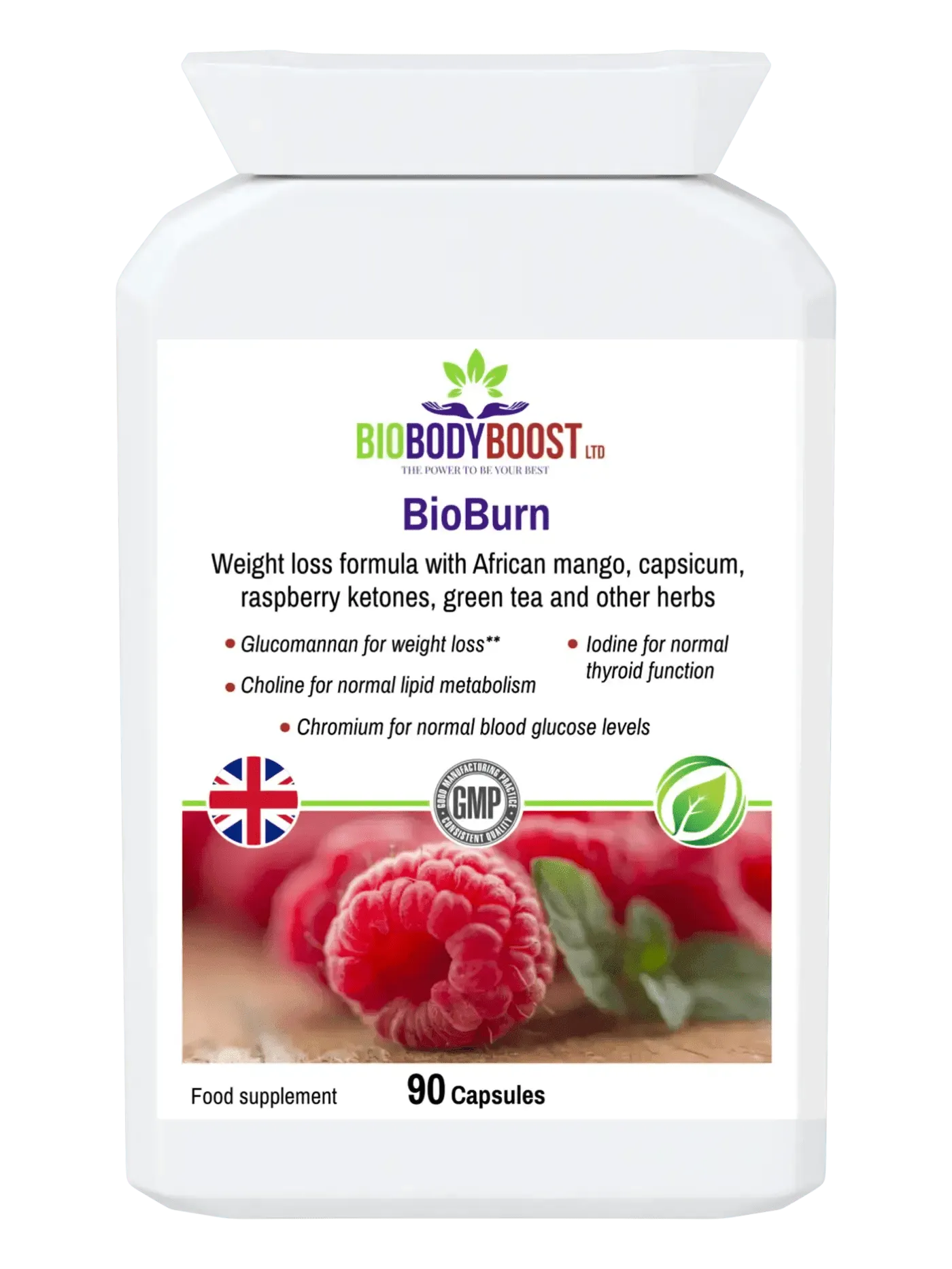 BioBodyBoost BioBurn natural appetite suppressant supplement in a white bottle with 90 capsules