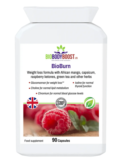 BioBodyBoost BioBurn natural appetite suppressant supplement in a white bottle with 90 capsules