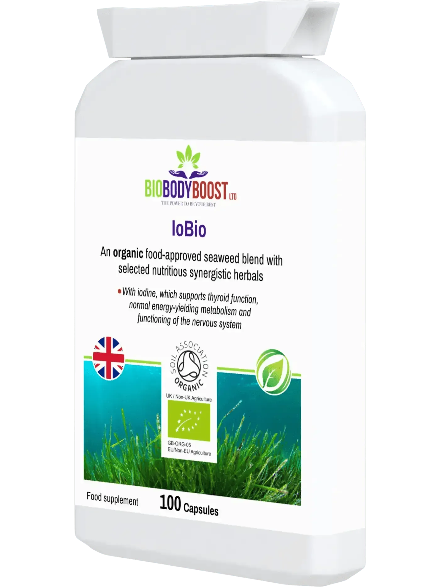 BioBodyBoost IoBio organic seaweed capsules with iodine for thyroid support and nervous system function