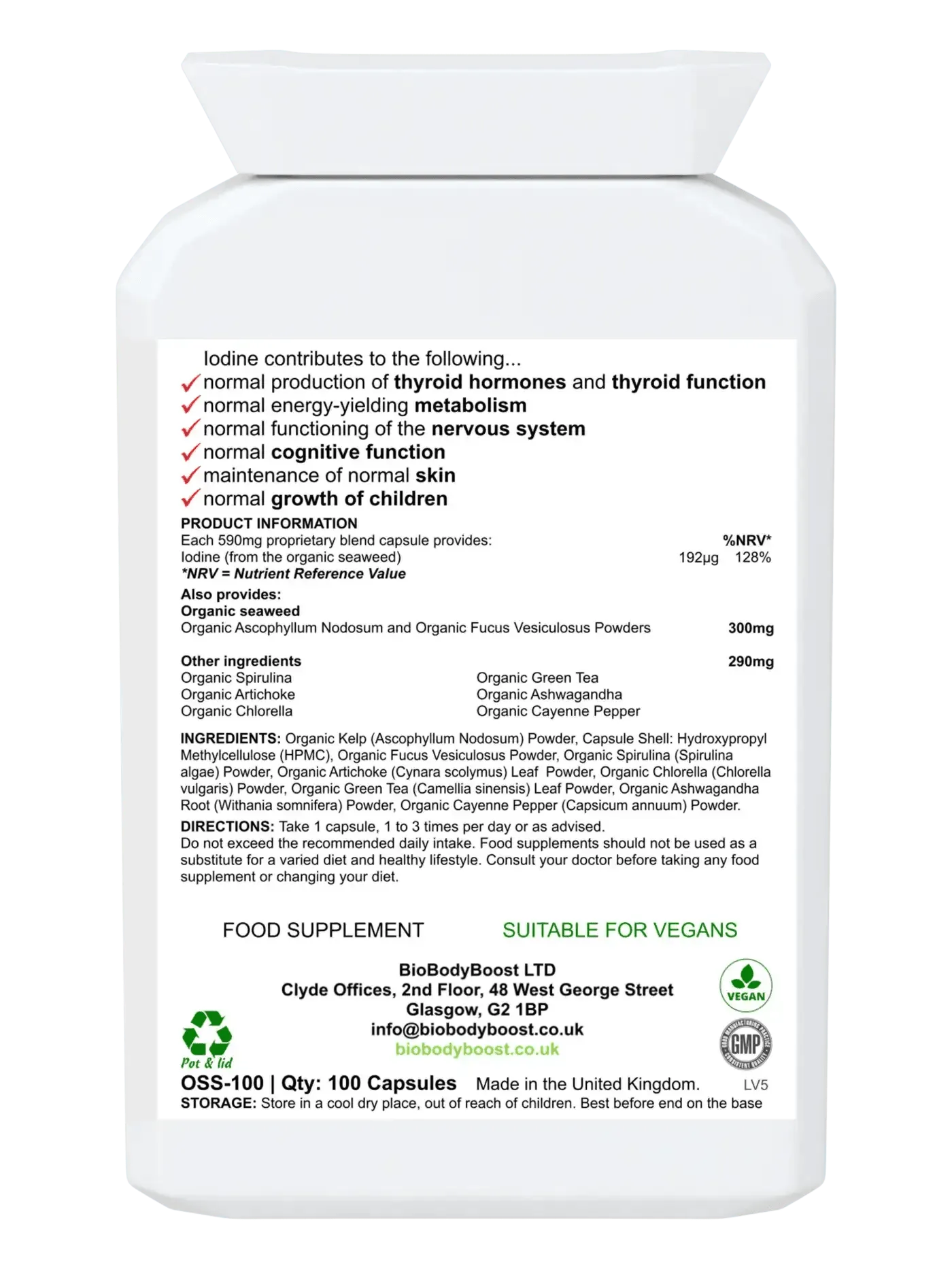 BioBodyBoost Organic Seaweed Supplements in a white bottle for thyroid support and metabolism