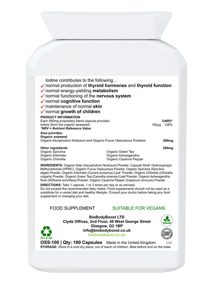 BioBodyBoost Organic Seaweed Supplements in a white bottle for thyroid support and metabolism