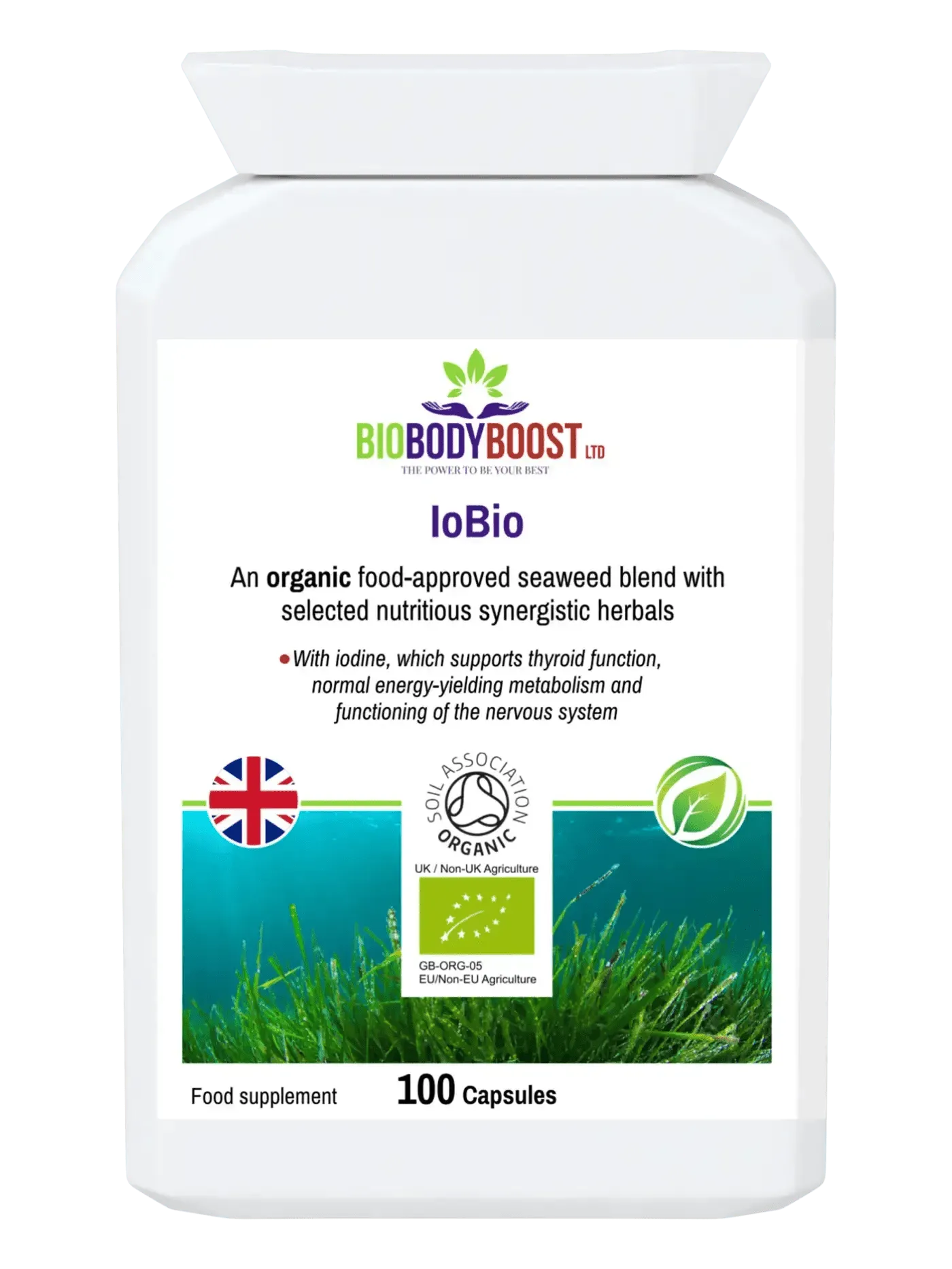 BioBodyBoost IoBio organic seaweed blend supplement with 100 capsules for energy and thyroid support