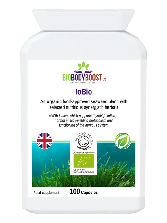BioBodyBoost IoBio organic seaweed blend supplement with 100 capsules for energy and thyroid support
