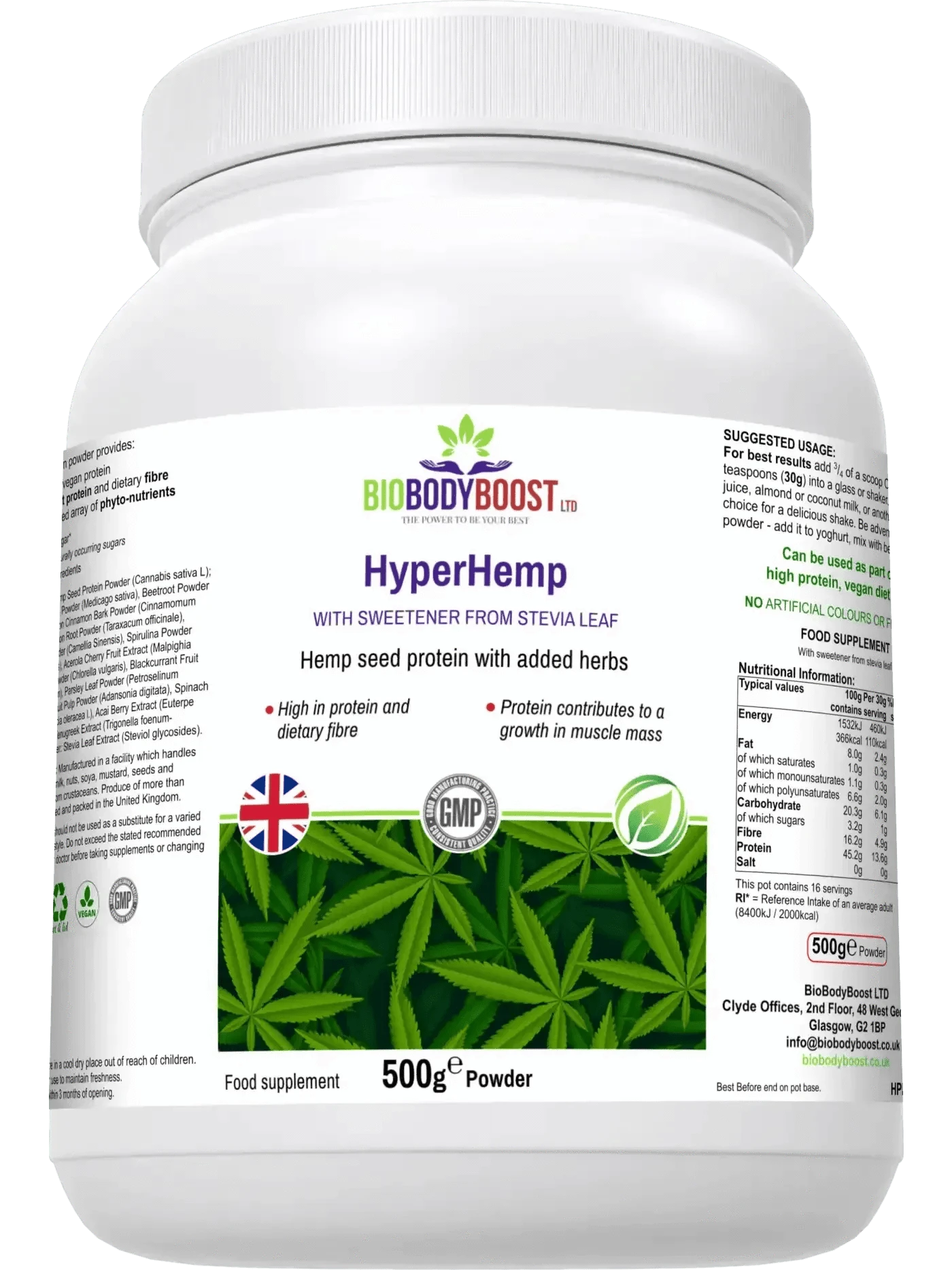 BioBodyBoost Protein Powders HyperHemp Vegan Hemp Protein Powder – 500 g | Plant‑Based, High Protein, UK‑Made