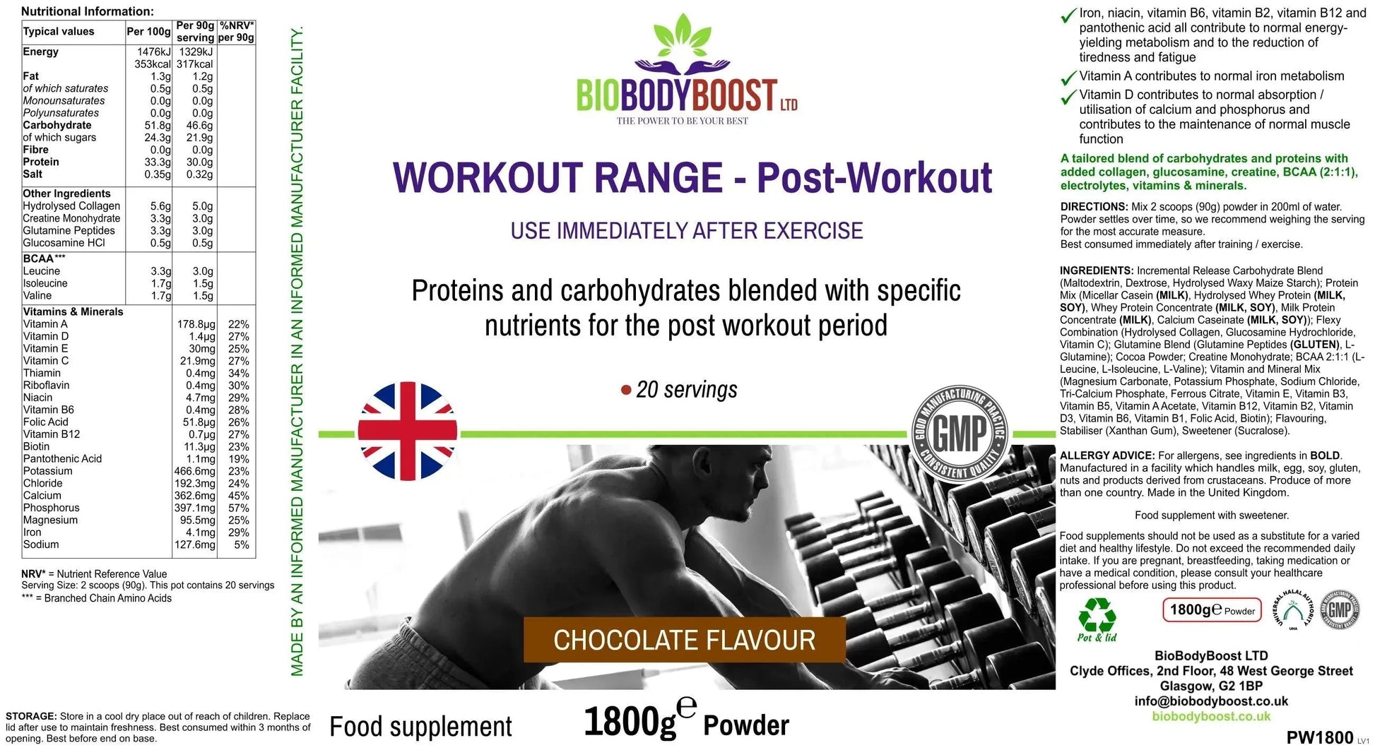 BioBodyBoost Protein Powders Workout Range - Post-Workout Drink Mix Chocolate