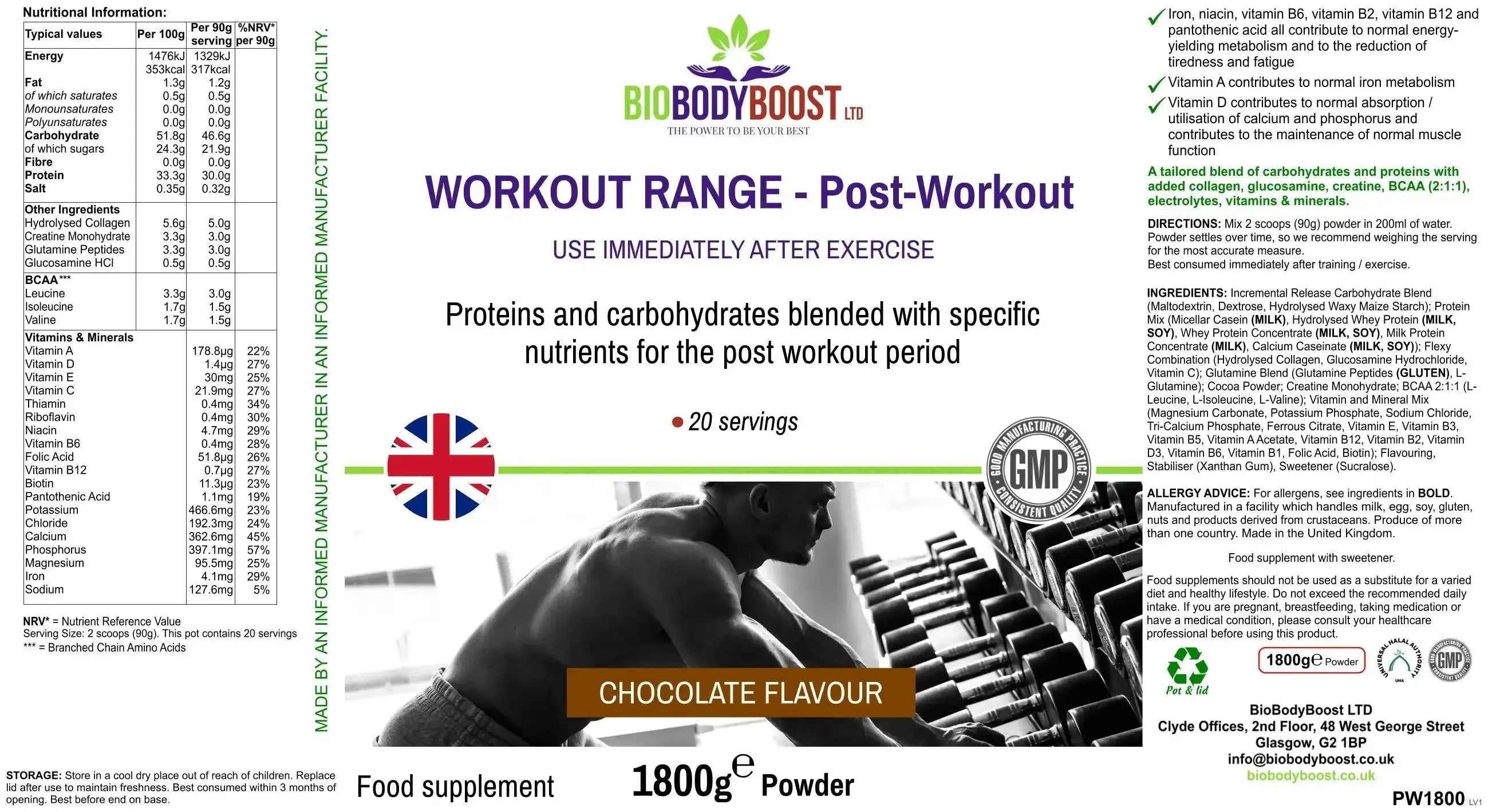 BioBodyBoost Protein Powders Workout Range - Post-Workout Drink Mix Chocolate