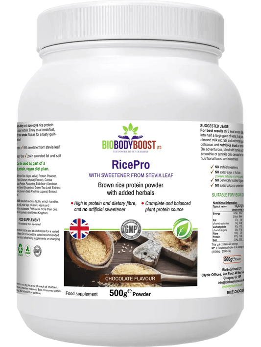 BioBodyBoost Rice Protein Powder in Chocolate flavor, high in protein with added herbs and stevia leaf