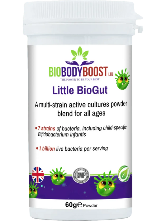 BioBodyBoost Little BioGut Digestive Powder with Vegan Kids Probiotics for all ages
