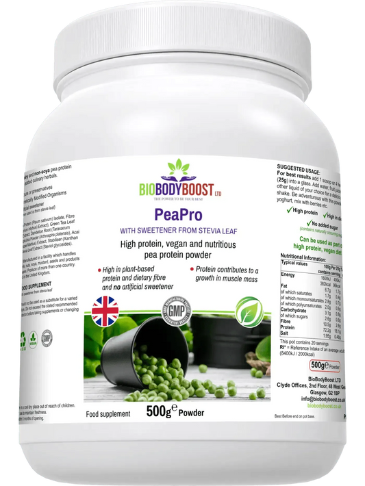 BioBodyBoost Vegan Pea Protein Powder in 500g container for high protein plant-based nutrition