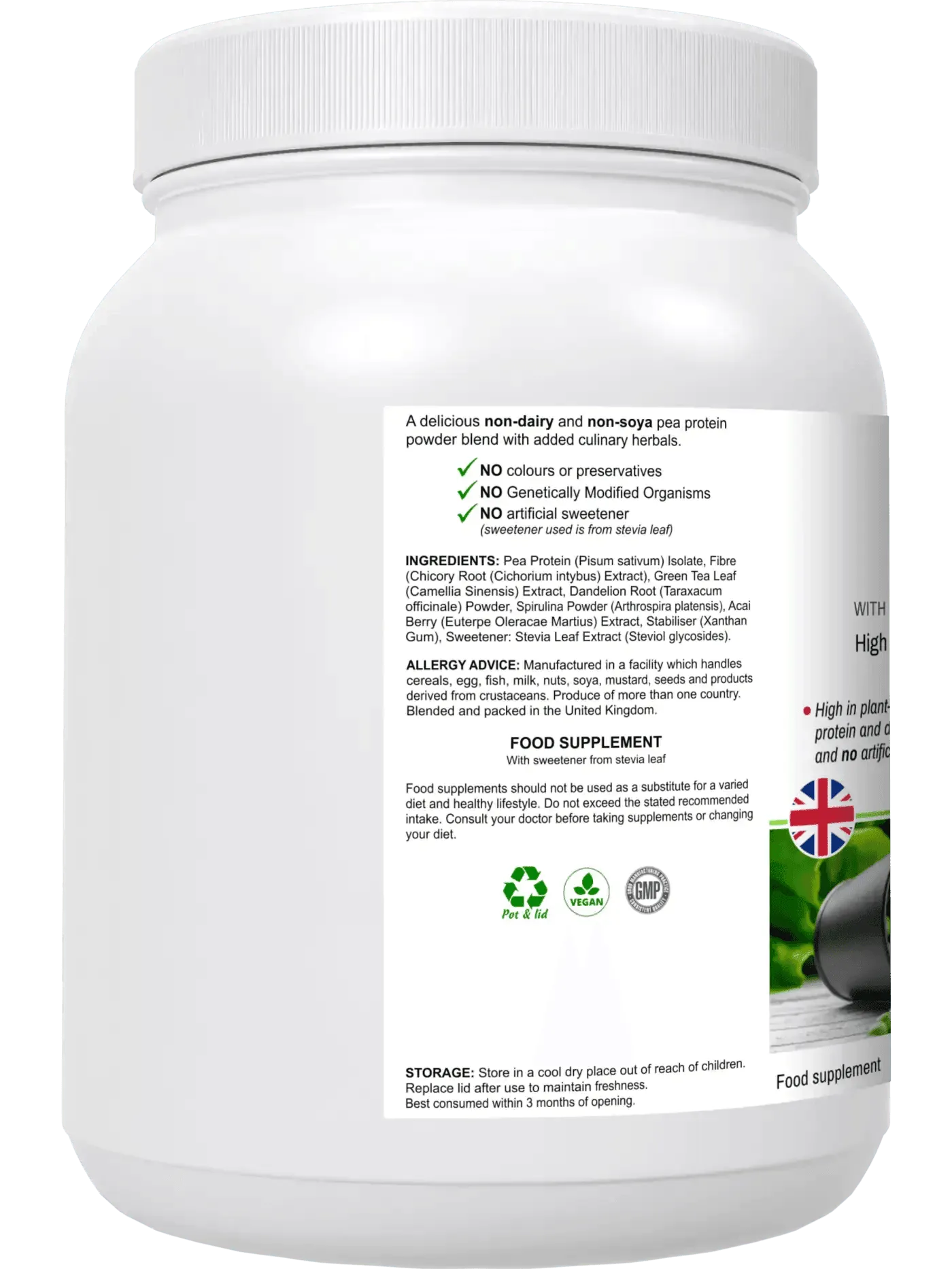 BioBodyBoost Vegan Pea Protein Powder in a white container with nutritional information on the label