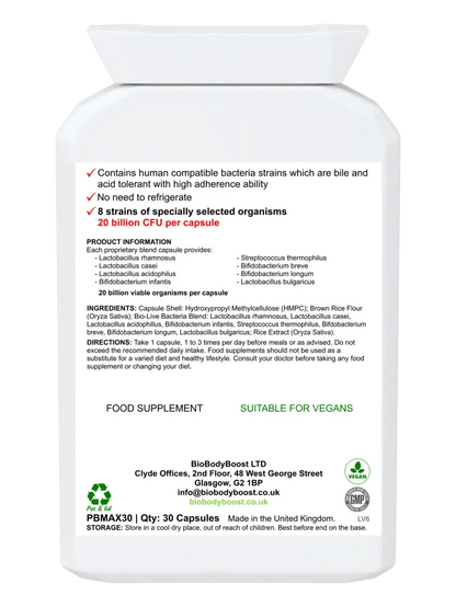 BioBodyBoost Vegan Probiotic Supplement in a White Bottle with 30 Capsules for Digestive Health