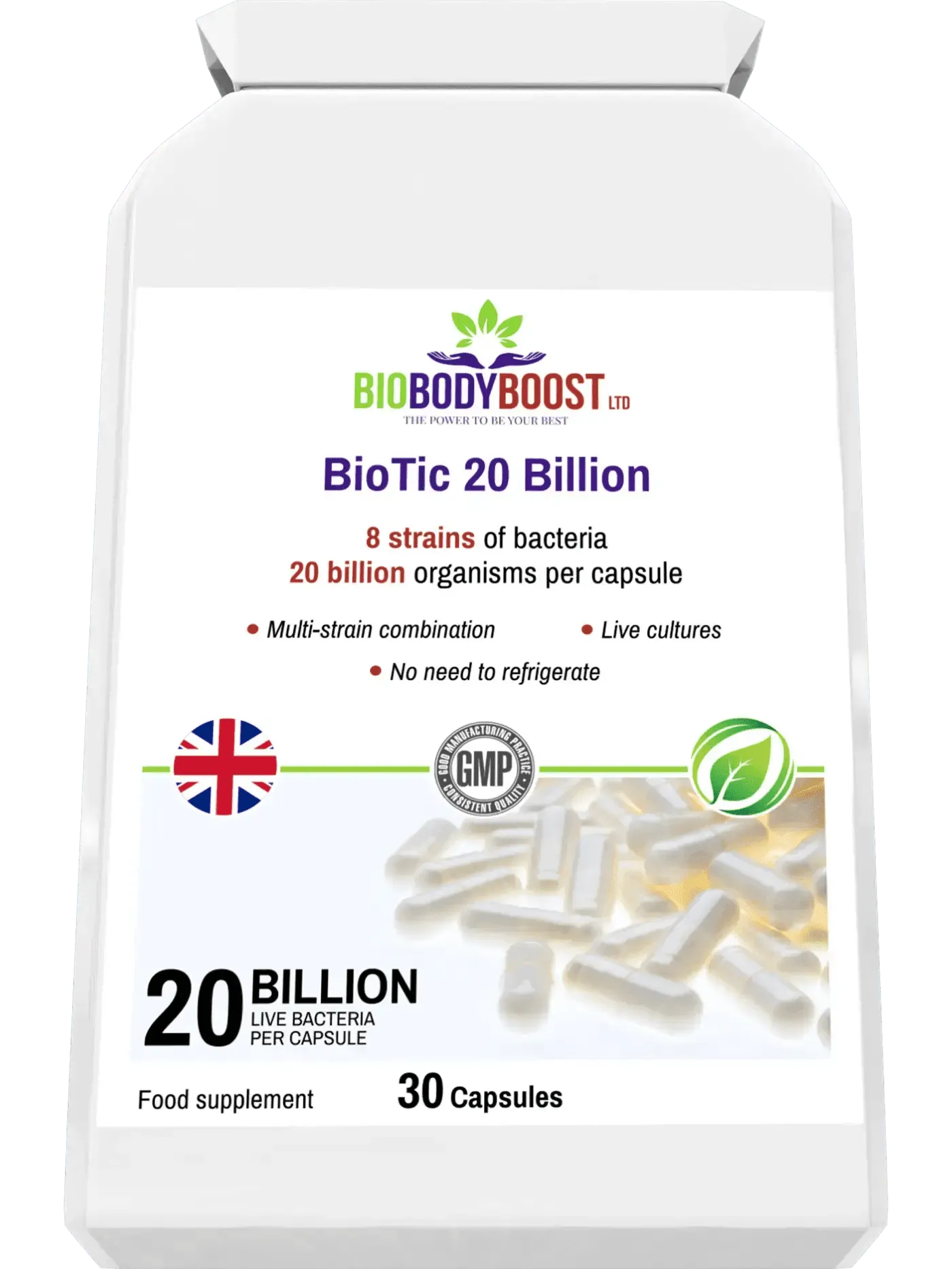 BioBodyBoost BioTic 20 Billion Vegan Probiotic with 8 strains of bacteria per capsule