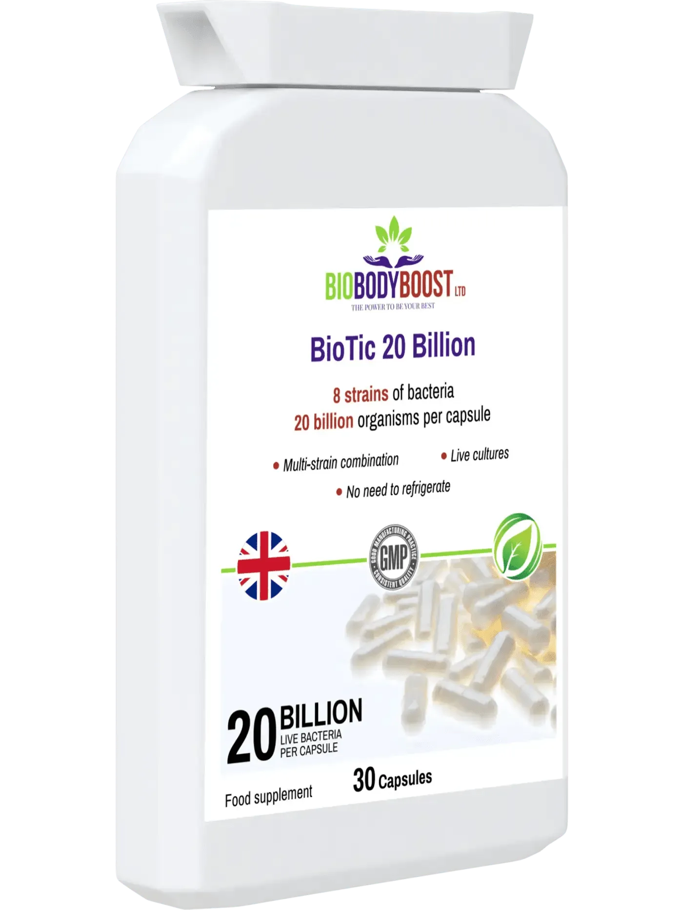 BioBodyBoost BioTic 20 Billion Vegan Probiotic Supplement with 30 Capsules for gut health