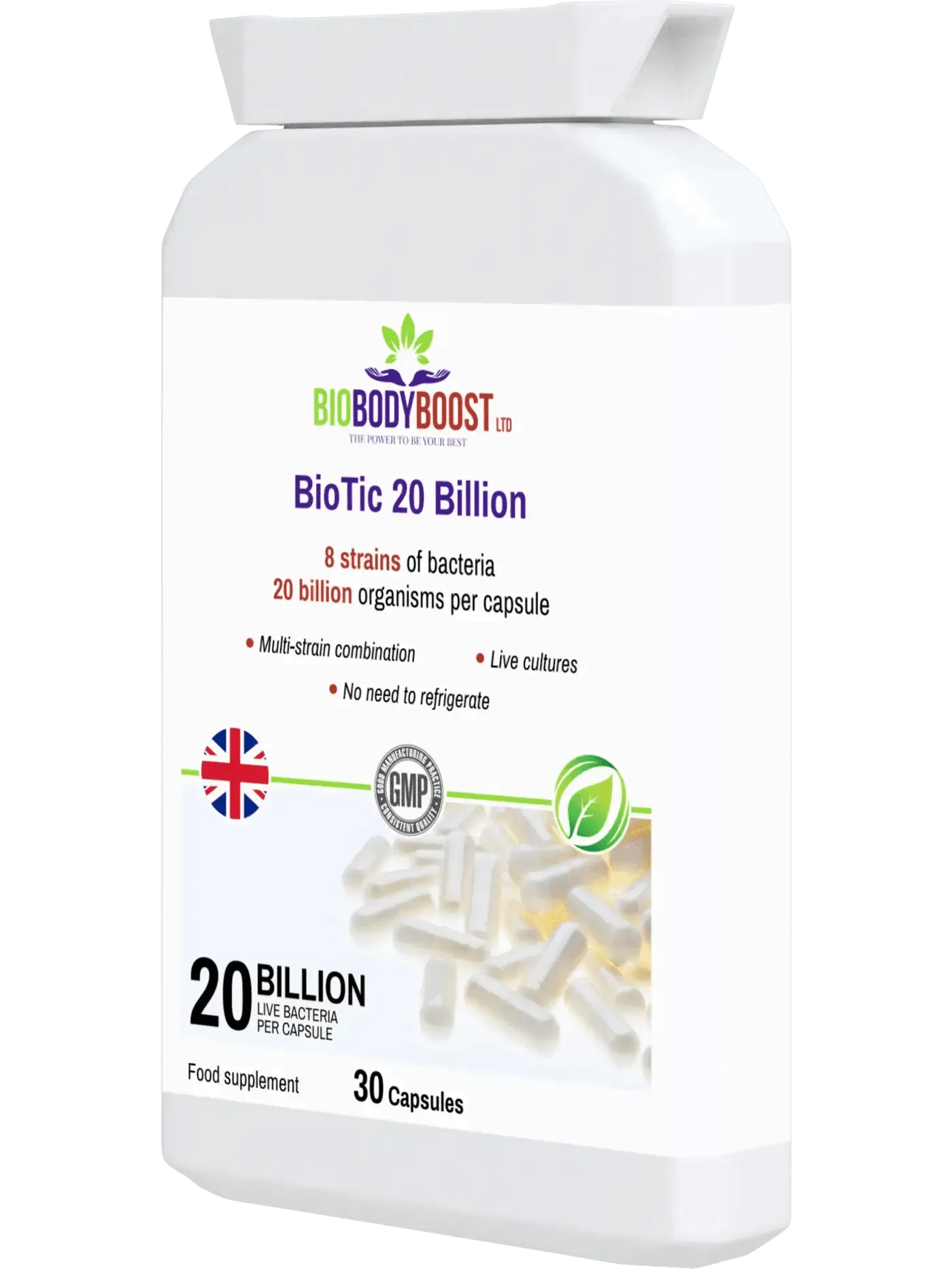 BioBodyBoost BioTic 20 Billion Vegan Probiotic with 8 strains of bacteria in 30 capsules