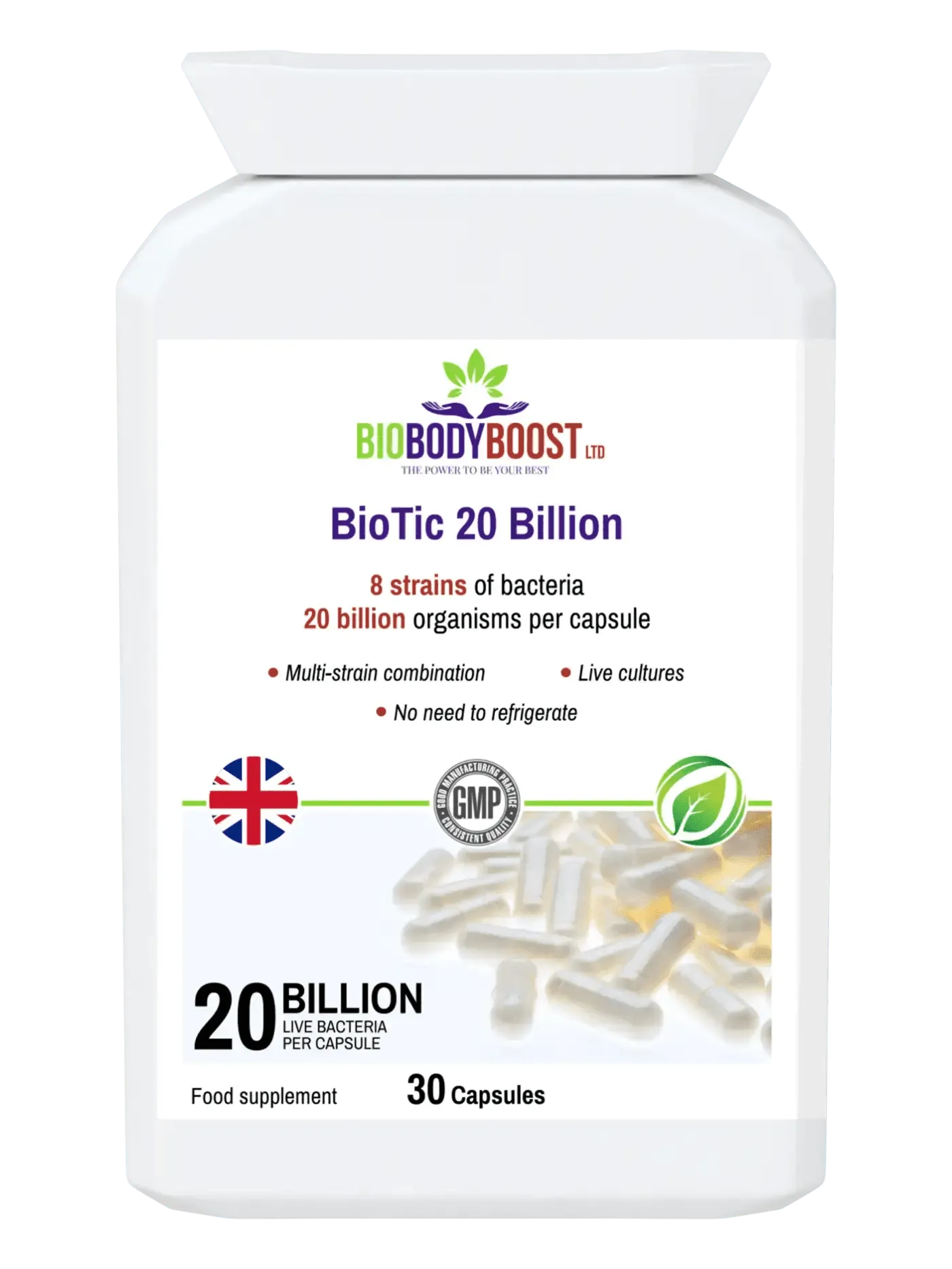 BioBodyBoost BioTiC 20 Billion Vegan Probiotic Supplement with 8 strains and 30 capsules