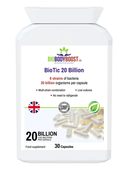 BioBodyBoost BioTiC 20 Billion Vegan Probiotic Supplement with 8 strains and 30 capsules