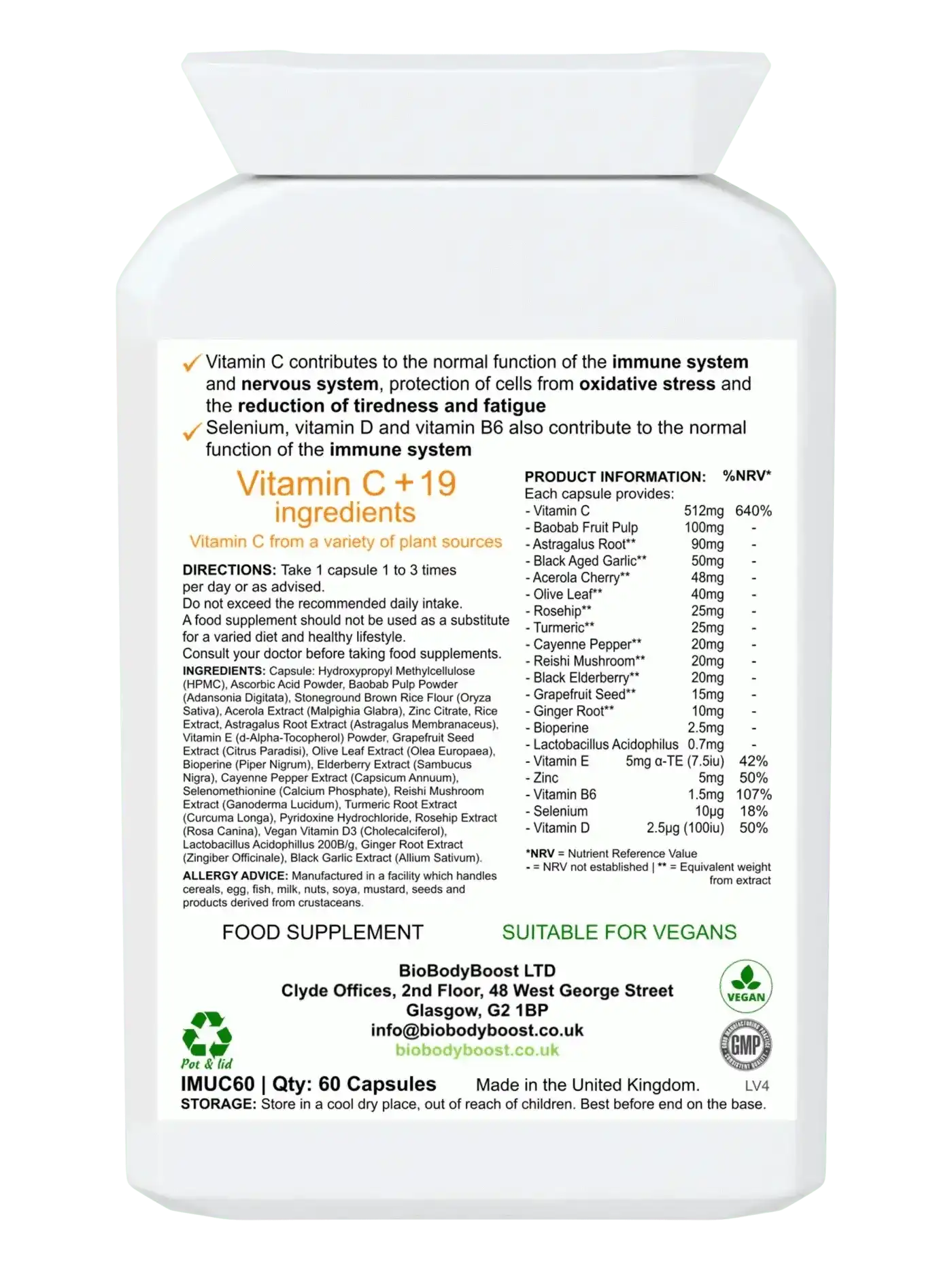 BioBodyBoost Vitamins & Supplements ImmuneBoost - Herbal Vitamin C Complex with Reishi Mushroom & Probiotics