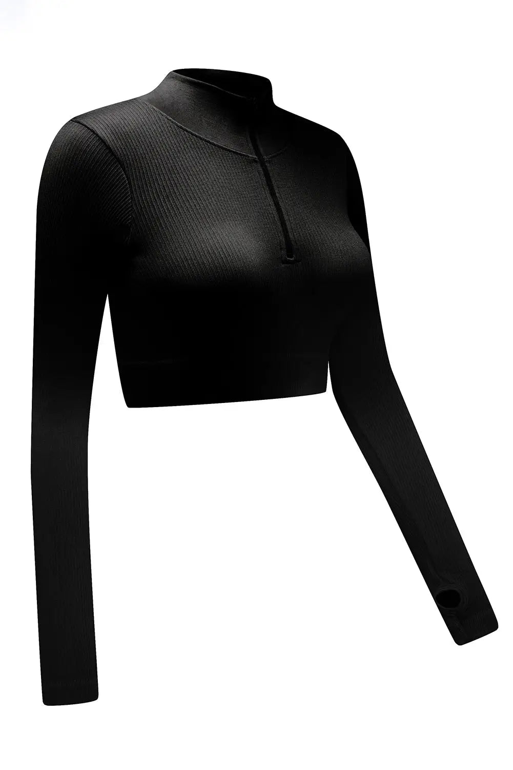 Black Half Zipper Long Sleeve Cropped Yoga Top - Activewear