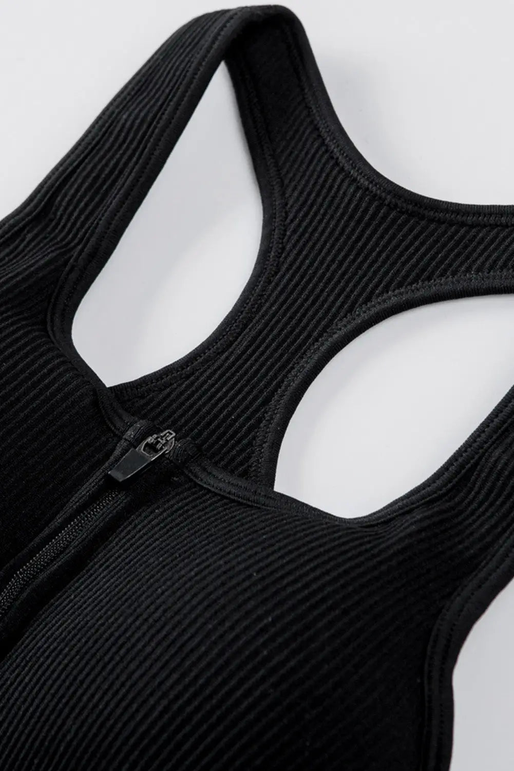 Black Zipped Ribbed Racerback Sports Bra - Activewear