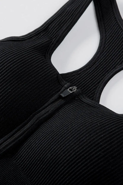Black Zipped Ribbed Racerback Sports Bra - Activewear