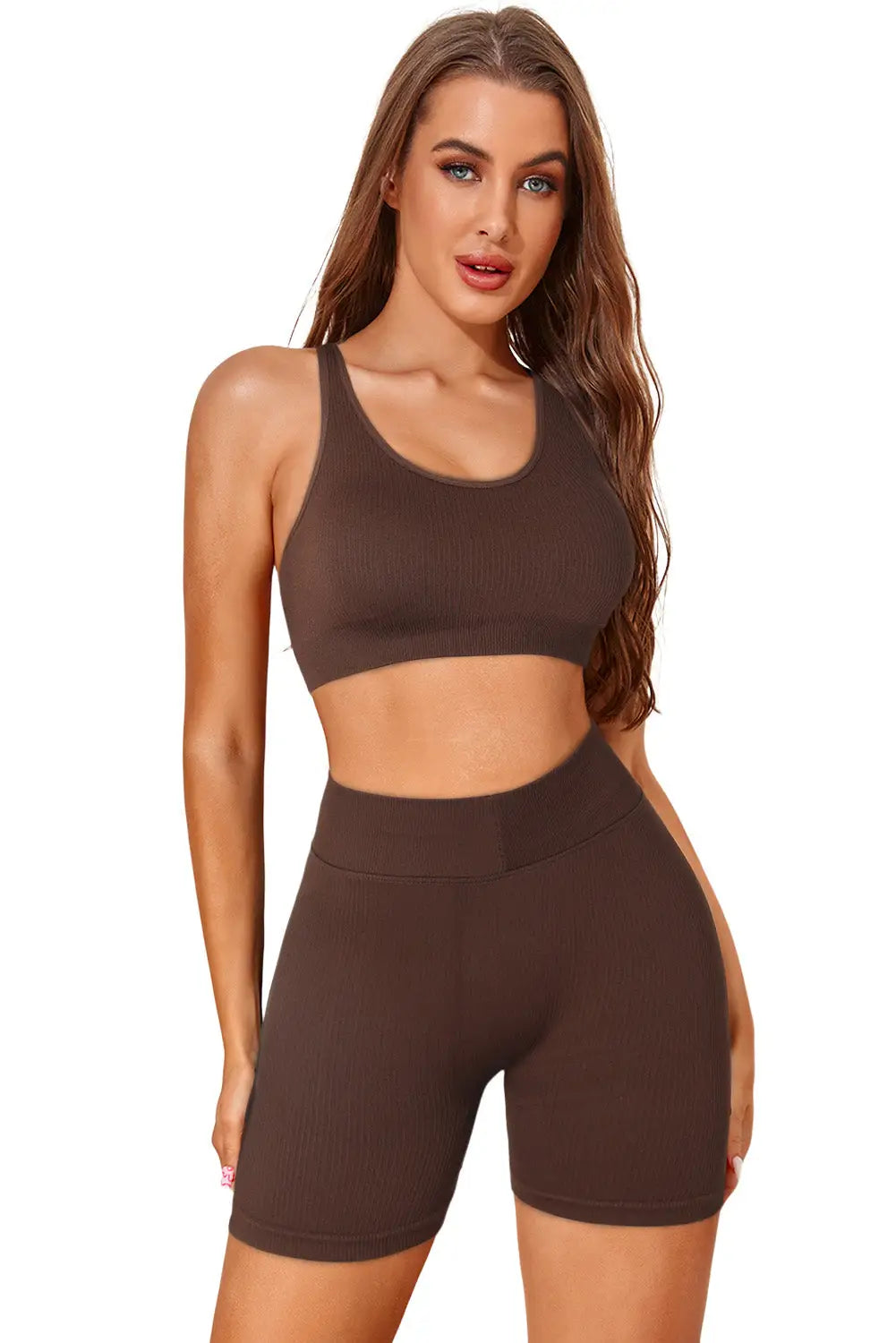 Brown Ribbed Knit Lace-Up Back Bra - Activewear knit,ribbed