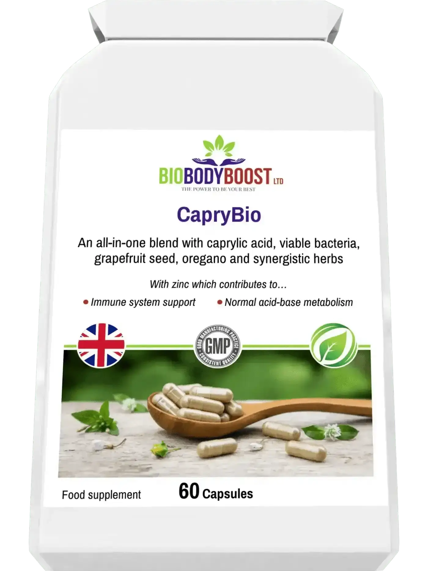 CapryBio caprylic acid gut supplement lifestyle shot UK — BioBodyBoost specialist digestive health formula