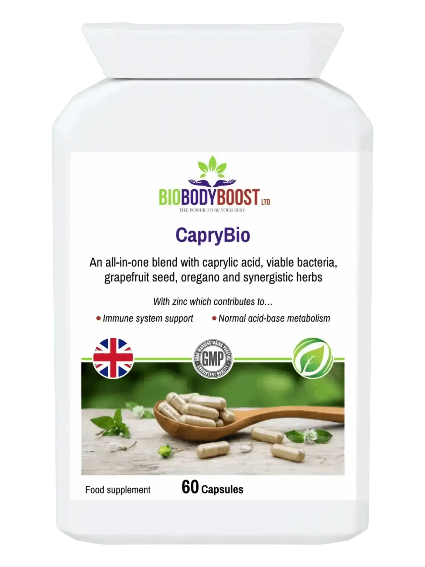 CapryBio caprylic acid supplement UK — gut wellness formula with probiotics and zinc by BioBodyBoost, front label