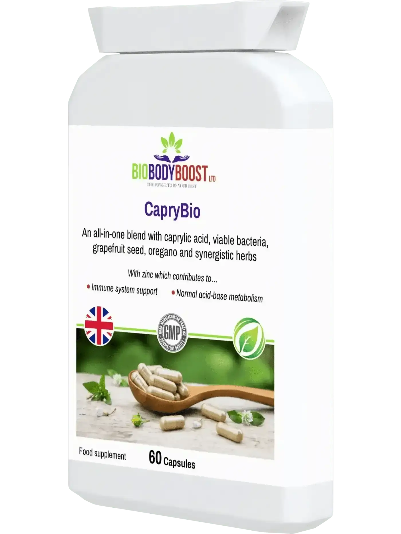 CapryBio caprylic acid UK gut health supplement — grapefruit seed extract and aloe vera formula, side view