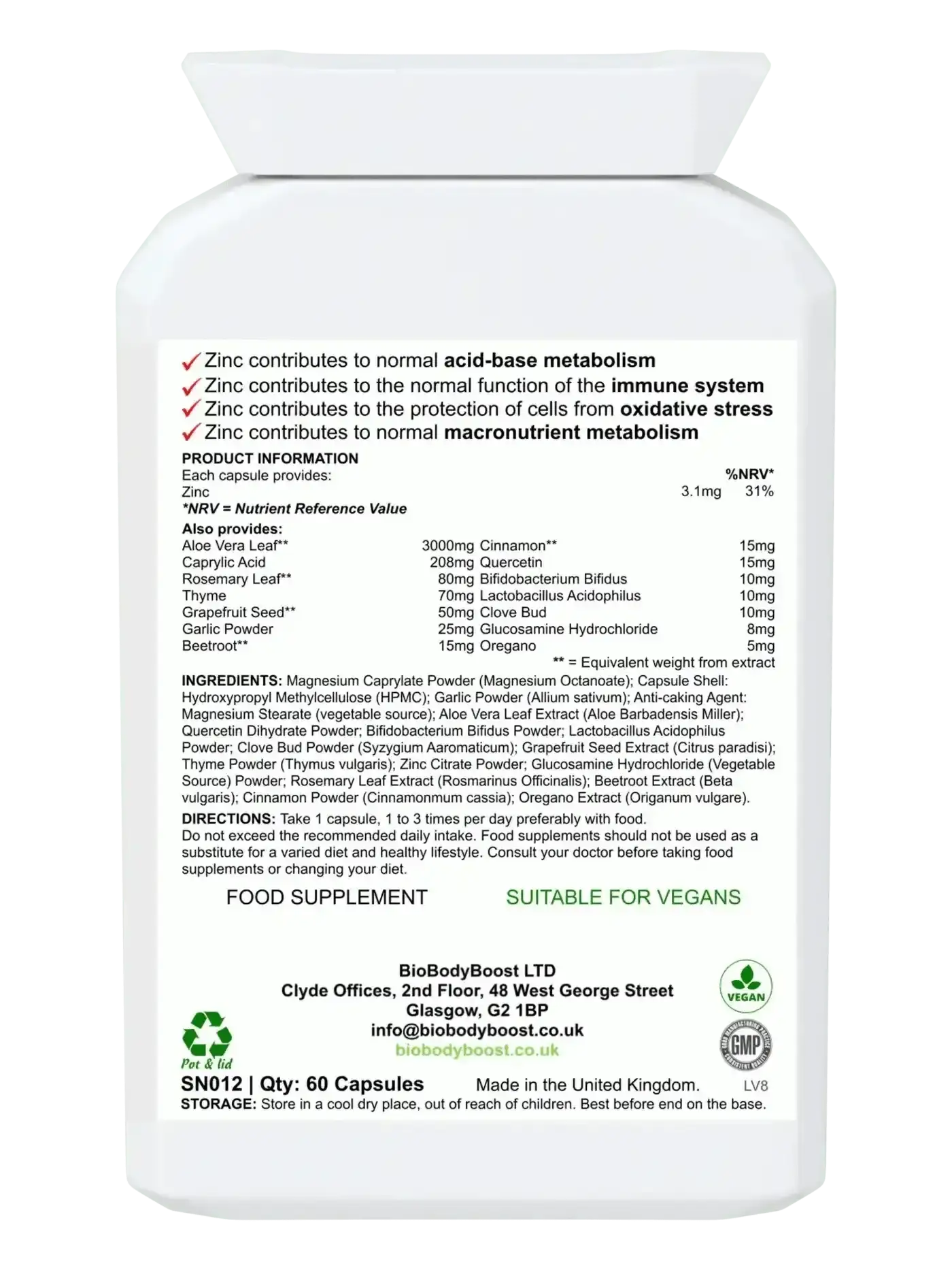 CapryBio 60 vegan digestive capsules UK — caprylic acid and Lactobacillus acidophilus formula, back label