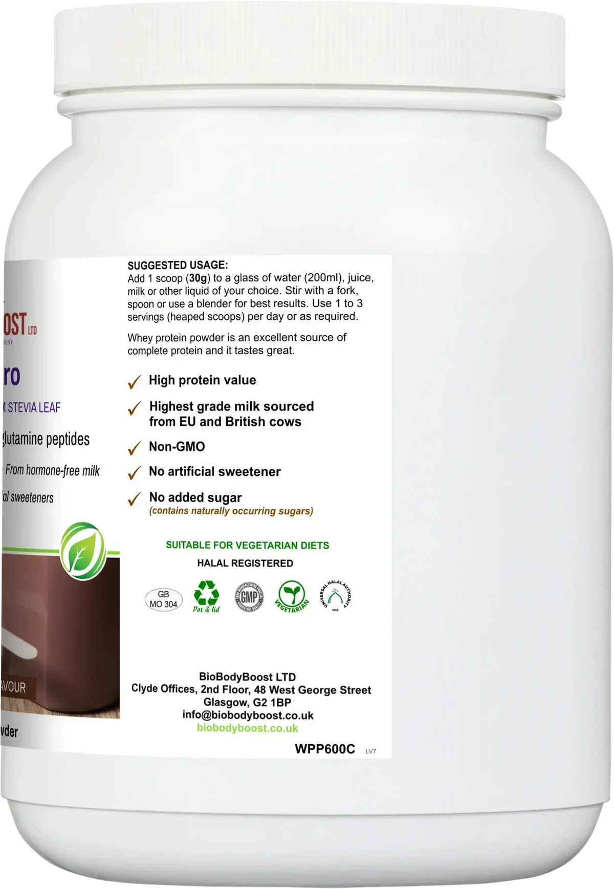 WheyPro chocolate 600g label showing suggested use of one 30g scoop, non-GMO, no added sugar, vegetarian and halal approved