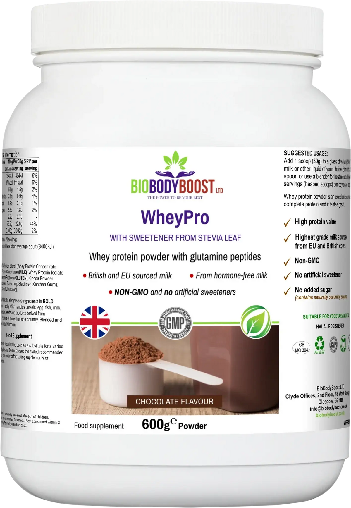 BioBodyBoost WheyPro chocolate whey protein powder 600g tub with glutamine peptides and stevia, halal approved