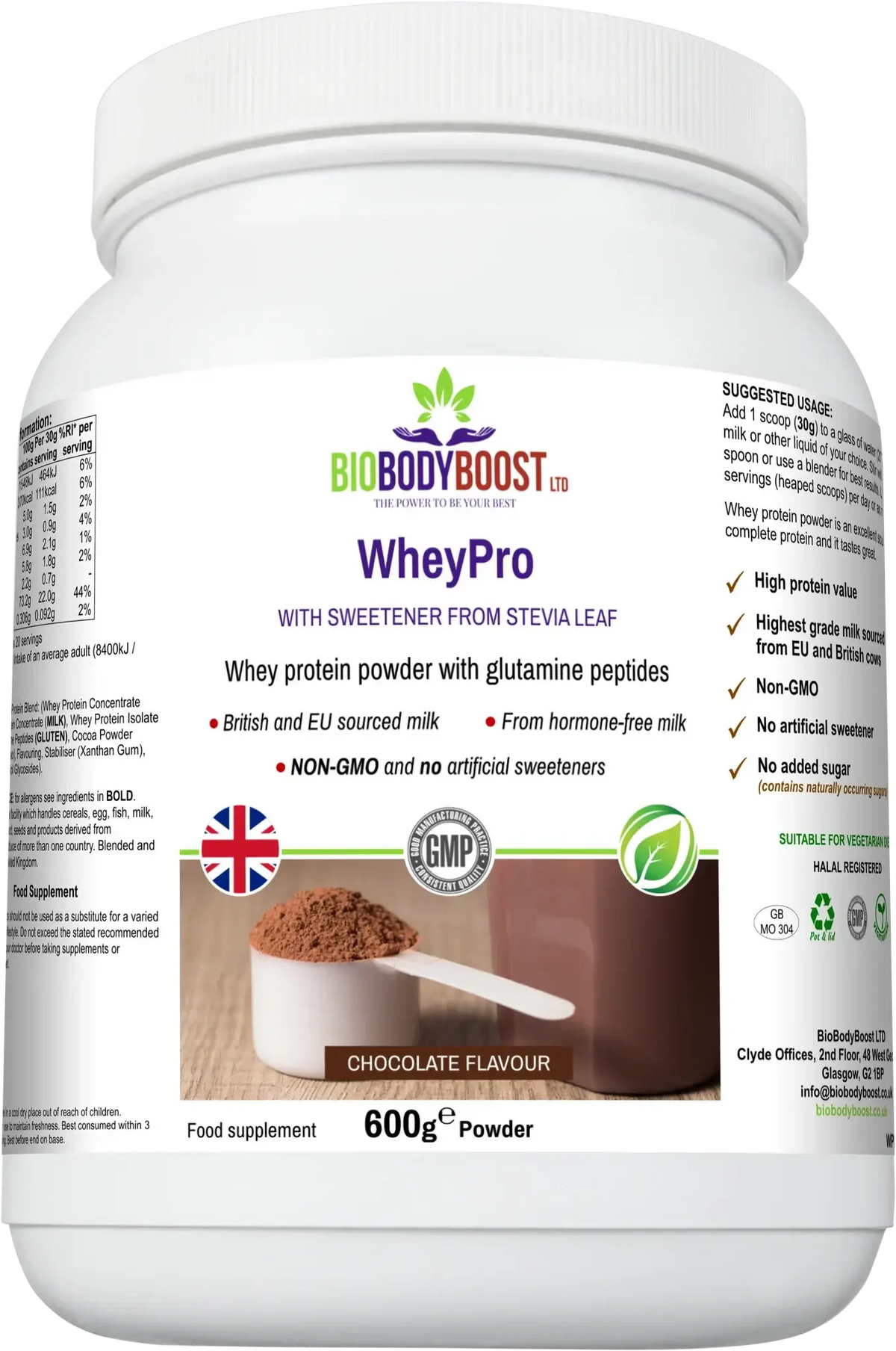 WheyPro chocolate flavour whey protein 600g tub by BioBodyBoost, angled view